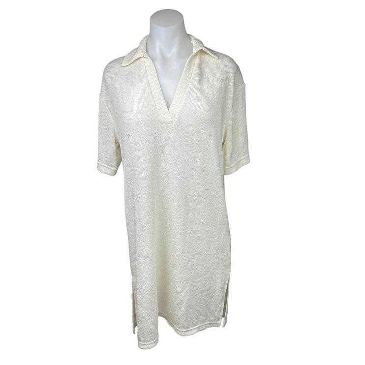 H&M NWT Cream White Short Sleeve Knit Collar Polo V-Neck Shirt Knee Dress Size S