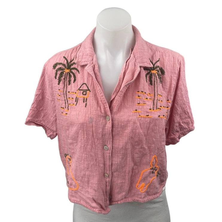 Urban Outfitters Sunshine Bowie Holiday Pink Embroidered Crop Shirt Top Size S