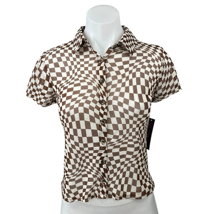 NEW No Boundaries Brown White Gingham Check Illusion Button Down Shirt Top S