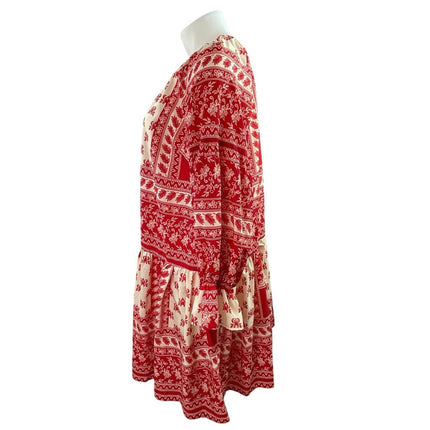 Eloquii Red Long Sleeve Tassel Patchwork Floral Boho Pleated Mini Dress Size 16