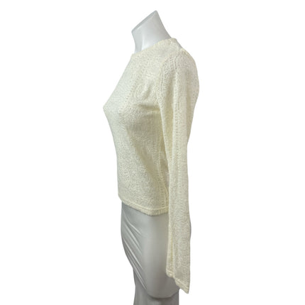Commense Women's Cream Floral Lace Long Sleeve Crew Neck Blouse Top Size S