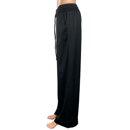 Zara Women's Black Drawstring Pleated Plisse High Rise Wide Leg Trousers Pants M