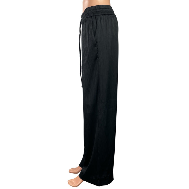 Zara Women's Black Drawstring Pleated Plisse High Rise Wide Leg Trousers Pants M