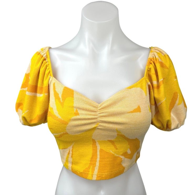 Zara Yellow Floral Ribbed Knit Sweetheart Short Puff Sleeve Crop Blouse Top S