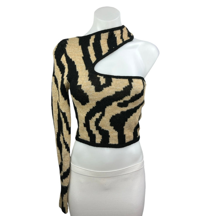 NBD Olivia Zebra Animal Print Wool Asymmetrical Cut-Out Shoulder Sweater Top XS