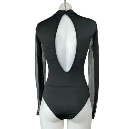 Banjul Black Geometric Stud Sheer Mock Neck Long Sleeve Bodycon Bodysuit Top S