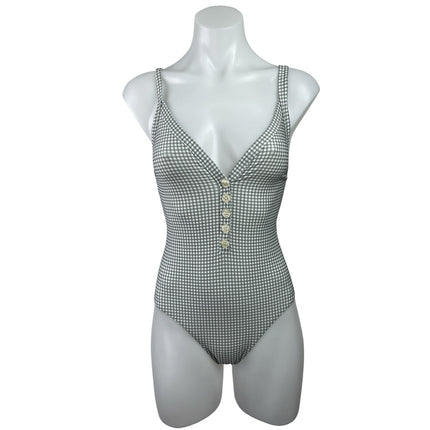 Rouje Women's Gray Button Gingham Check V Neck One Piece Swimsuit Swimwear 4