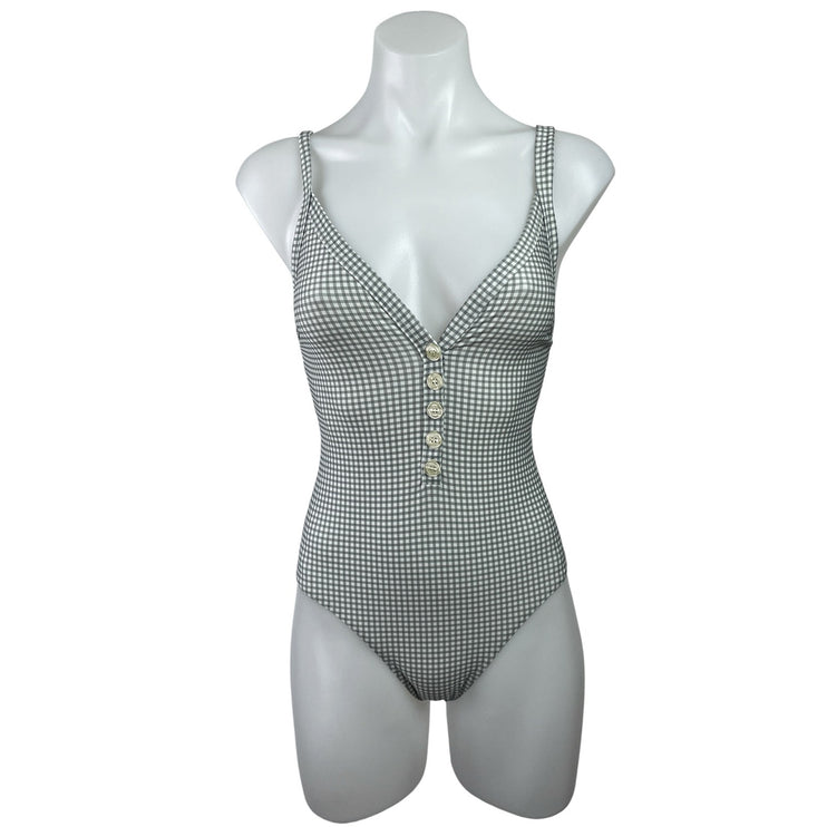 Rouje Women's Gray Button Gingham Check V Neck One Piece Swimsuit Swimwear 4
