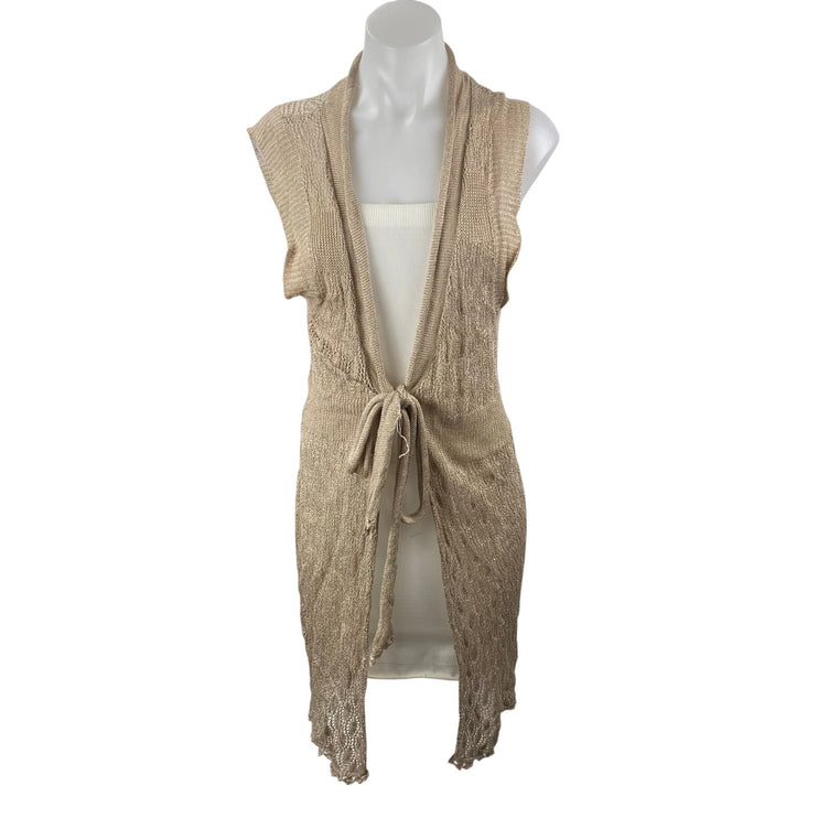Cupio Beige Linen Sleeveless Tie Front Pointelle Longline Sweater Cardigan Top L