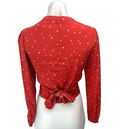 Rolla's Delilah Red Long Sleeve Hearts Tie V Neck Wrap Blouse Crop Top Size S