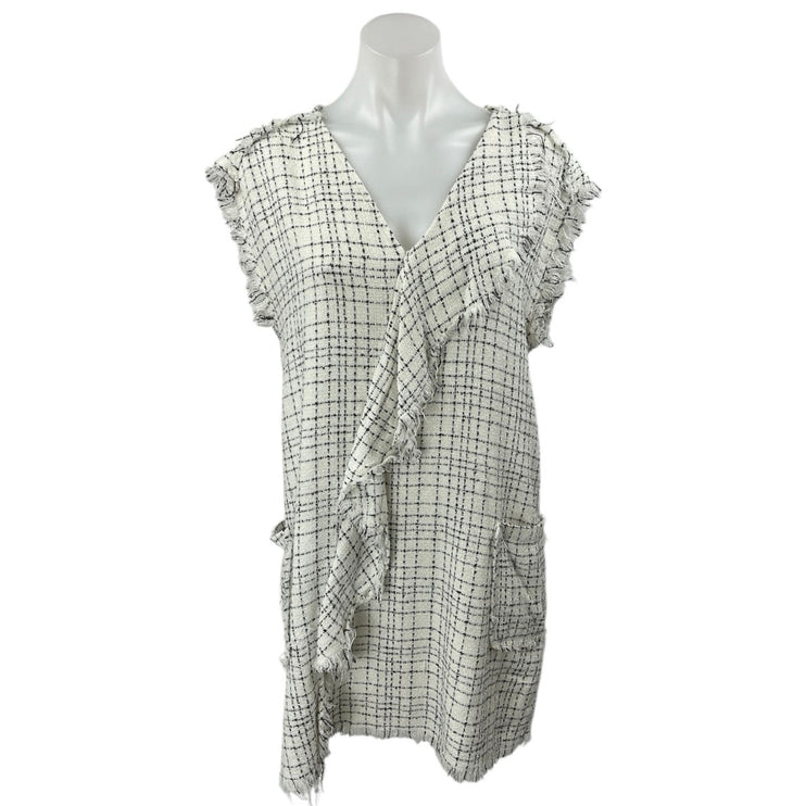 Zara White Black Plaid Short Sleeve Frayed Ruffle Tweed Mini Shift Dress Size S