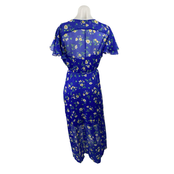 French Connection Jasmine Blue Floral V Neck Wrap Midi Tea A Line Dress Size XL