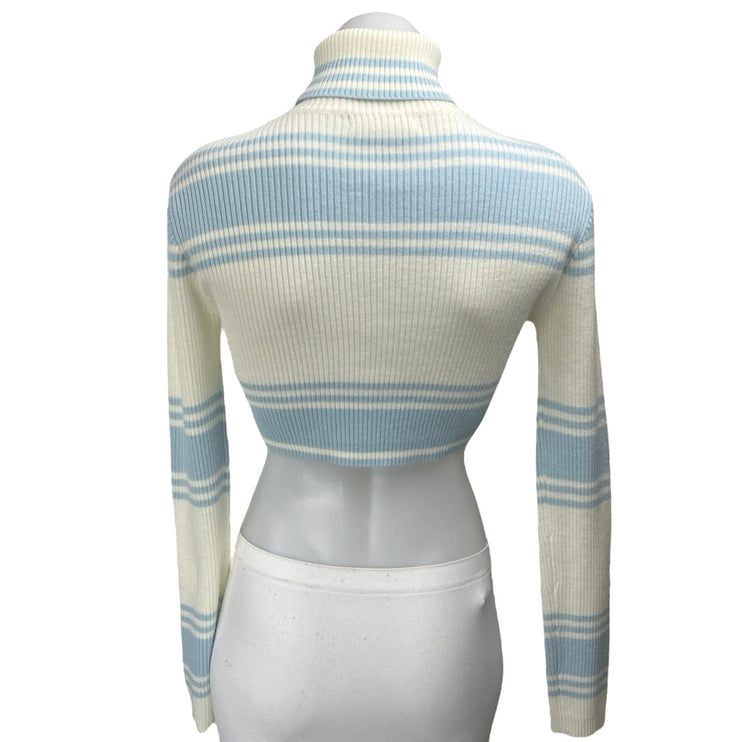 All The Ways Blue Striped Rib Knit Long Sleeve Turtleneck Crop Sweater Top Sz XS