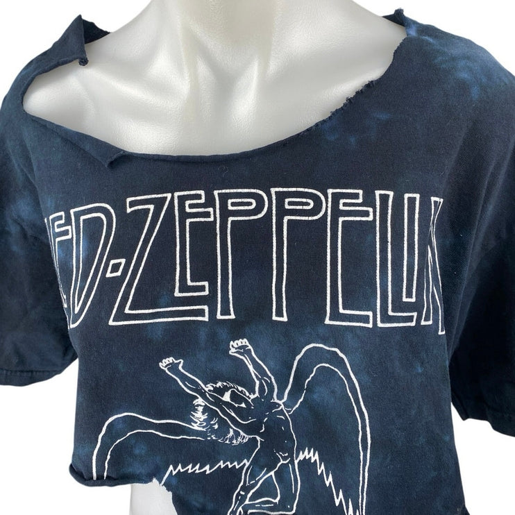 Led Zeppelin Blue Tie Dye Short Sleeve Distressed Frayed Crop Tee T-Shirt Top L