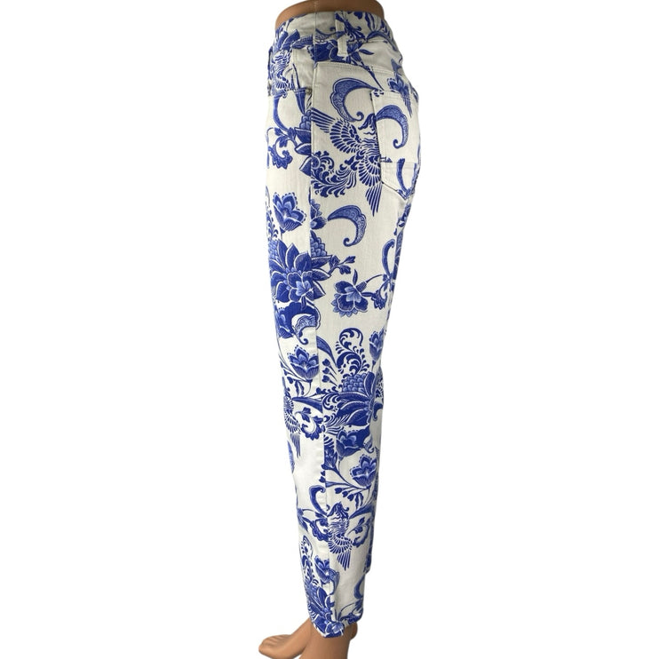Chico's So Slimming Girlfriend Crop Blue White Paisley Floral Denim Jeans Size 0