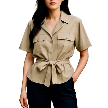 Zara Women's Olive Green Half Sleeve Belted Pockets Button Down Shirt Top Size S