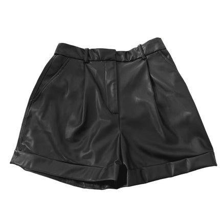 Zara Women Black Faux Leather High Rise Pleated Front Roll Hem Casual Shorts XS