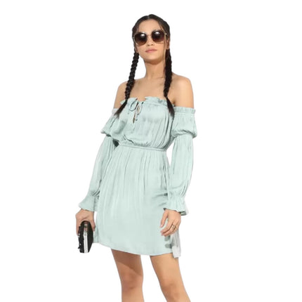 Forever 21 Green Off Shoulder Ruffle Tie Long Sleeve Elastic Waist Mini Dress M