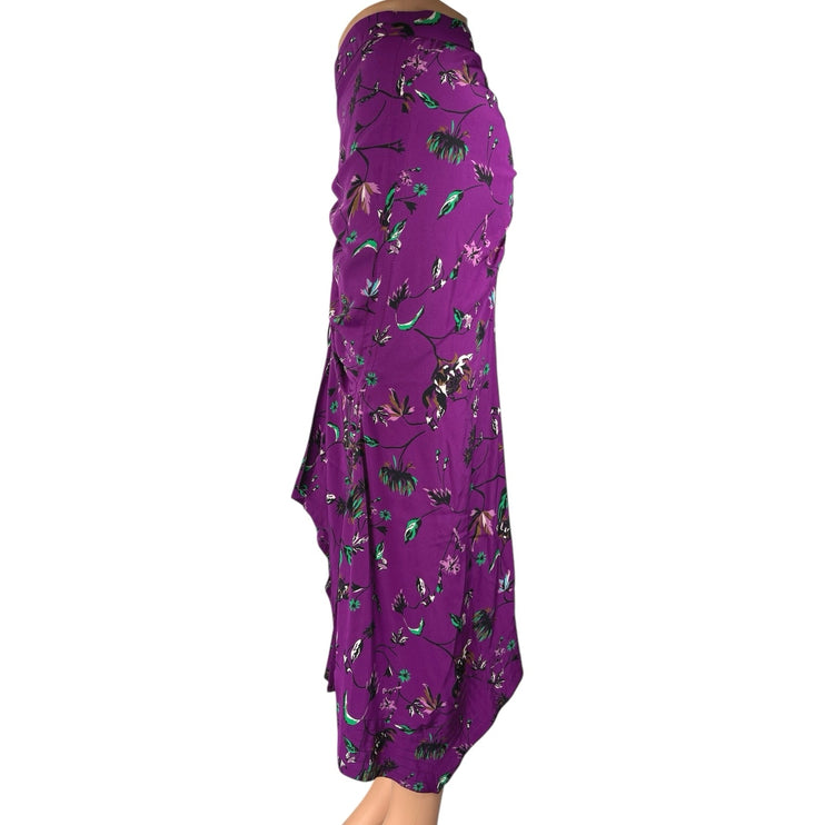 Tanya Taylor Purple 100% Silk Floral Ruched High Waisted Midi Pencil Skirt Sz 2