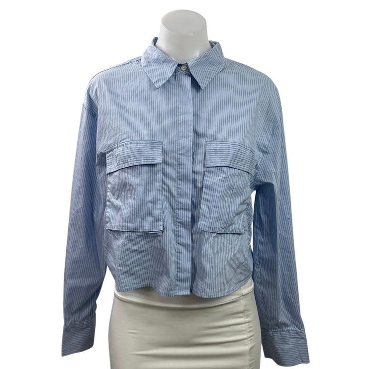 Zara Women's Blue Striped Long Sleeve Pocket Button Down Cropped Shirt Top Sz M