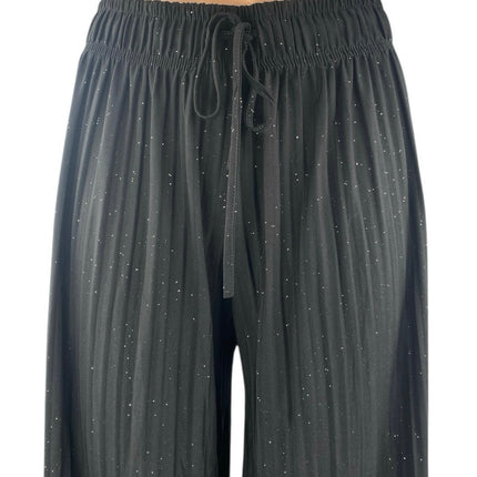 Women's Black High Rise Glitter Sparkly Pleated Wide Leg Trousers Pants Size S/M