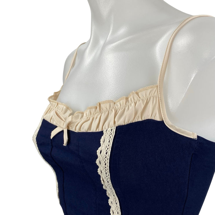 Motel Women's Navy Blue Lace Bow Corset Bustier Sleeveless Cami Crop Top Size XS