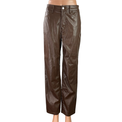 Myoursa Womens Brown Faux Leather Vegan High Rise Wide Leg Trousers Pants Size S