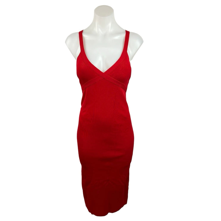 Zara Red Sleeveless V-Neck Cross Back Strap Midi Stretch Knit Bodycon Dress Sz M