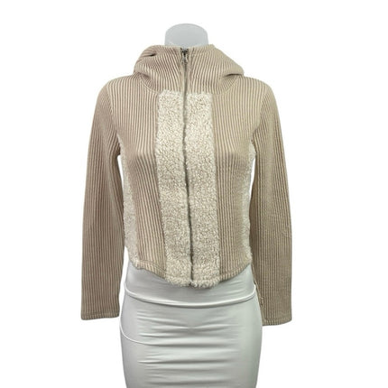 Cider Garden Womens Cream Long Sleeve Ribbed Knit Zip up Cropped Hooded Hoodie S