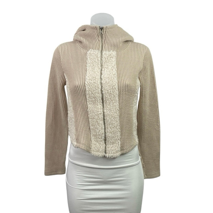 Cider Garden Womens Cream Long Sleeve Ribbed Knit Zip up Cropped Hooded Hoodie S