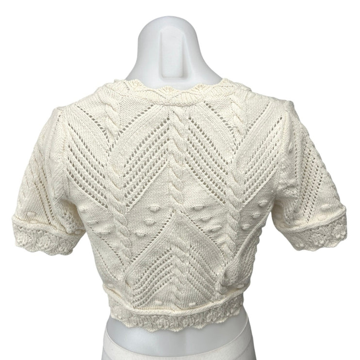 Zara Women's Cream Crochet Cable Knit Short Sleeve Button Down Crop Top Size S