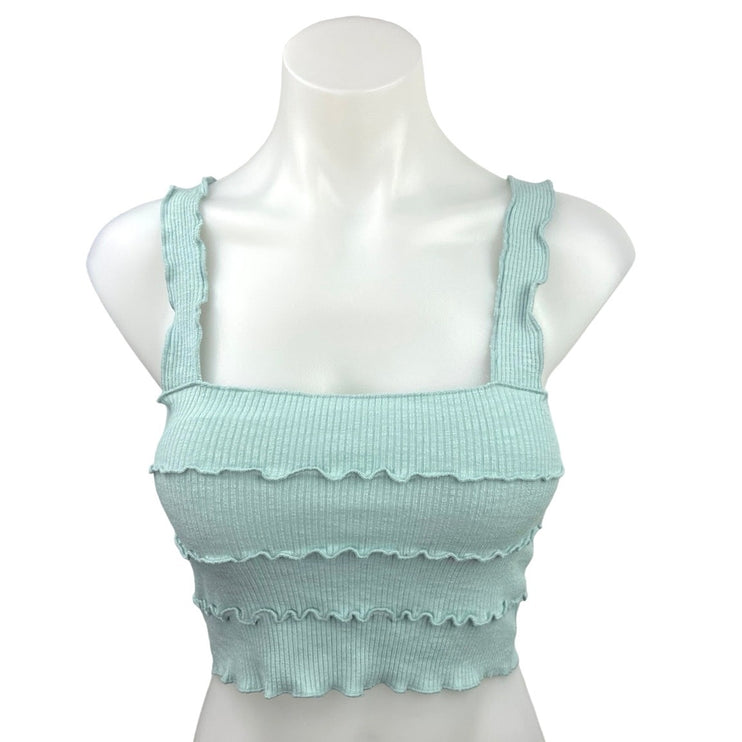 Zara Light Blue Ribbed Knit Scalloped Trim Square Neck Stretch Crop Tank Top M