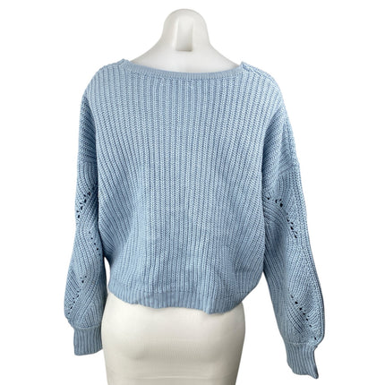 Moon & Madison Women's Blue Eyelet V-neck Long Balloon Sleeve Knit Sweater Top M