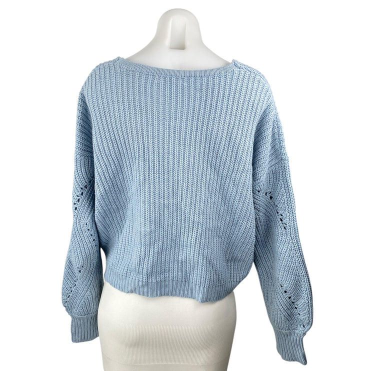 Moon & Madison Women's Blue Eyelet V-neck Long Balloon Sleeve Knit Sweater Top M