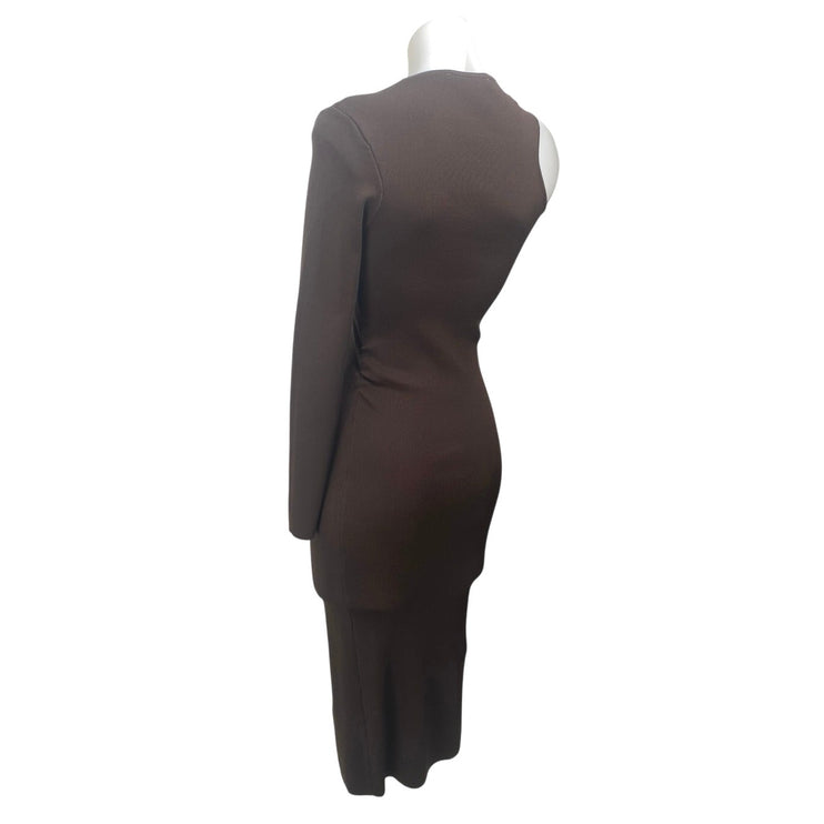Zara Brown One Shoulder Long Sleeve Sculpt Rib Knit Midi Bodycon Dress Size S