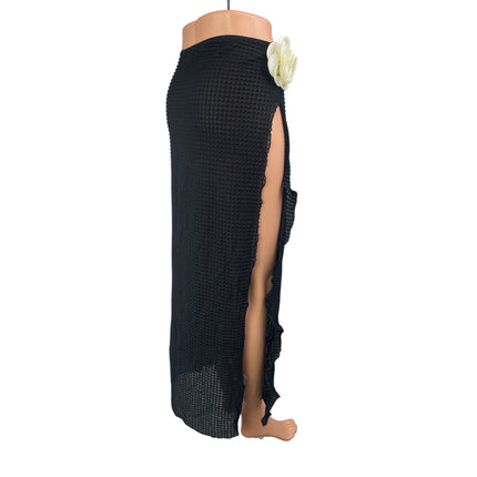 Women's Black Flower High Slit Sheer Midi Beach Swim Cover Up Skirt Size S/M