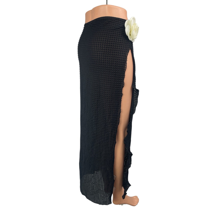 Women's Black Flower High Slit Sheer Midi Beach Swim Cover Up Skirt Size S/M