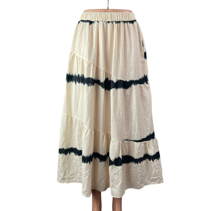 Petal + Pup White Linen Tie Dye Elastic Waist Tiered Midi A-Line Flared Skirt 6