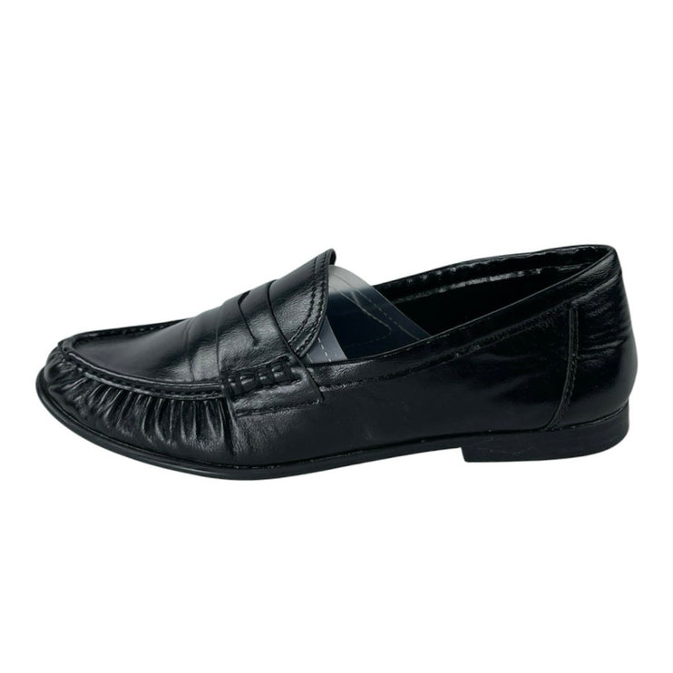 Zara Women's Black Ruched Gathered Leather Slip On Penny Loafer Flat Shoes Sz 39