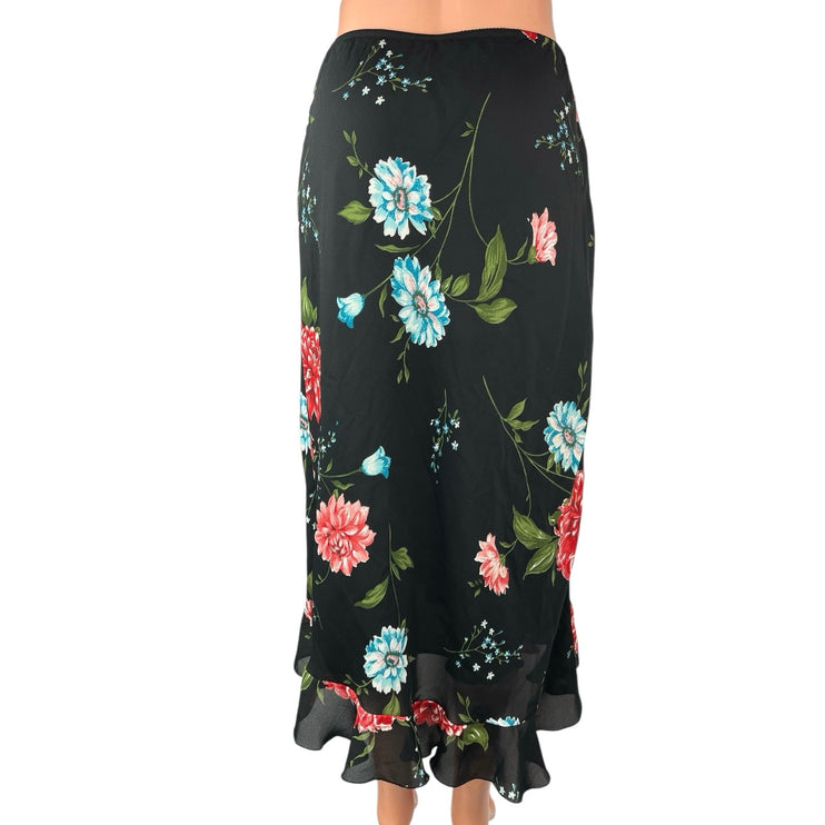 Vintage Versailles Black Floral Print Straight Pencil Ruffle Midi Maxi Skirt S