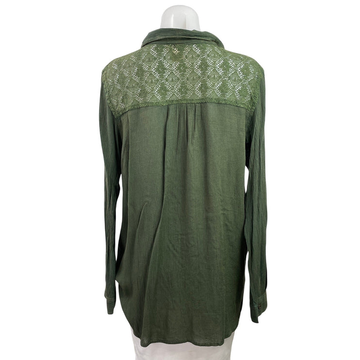Lola P Women's Green Long Sleeve Embroidered Lace Button Down Shirt Top Size S