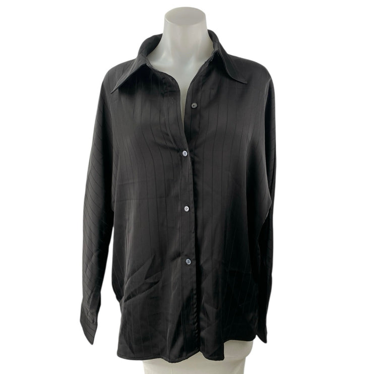 Commense Women's Black Satin Striped Long Sleeve Button Down Shirt Top Size M