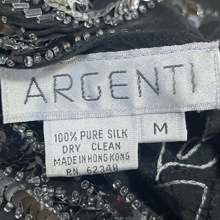 Vintage Argenti Black 100% Silk Sequin Embellished Short Sleeve Blouse Top Sz M
