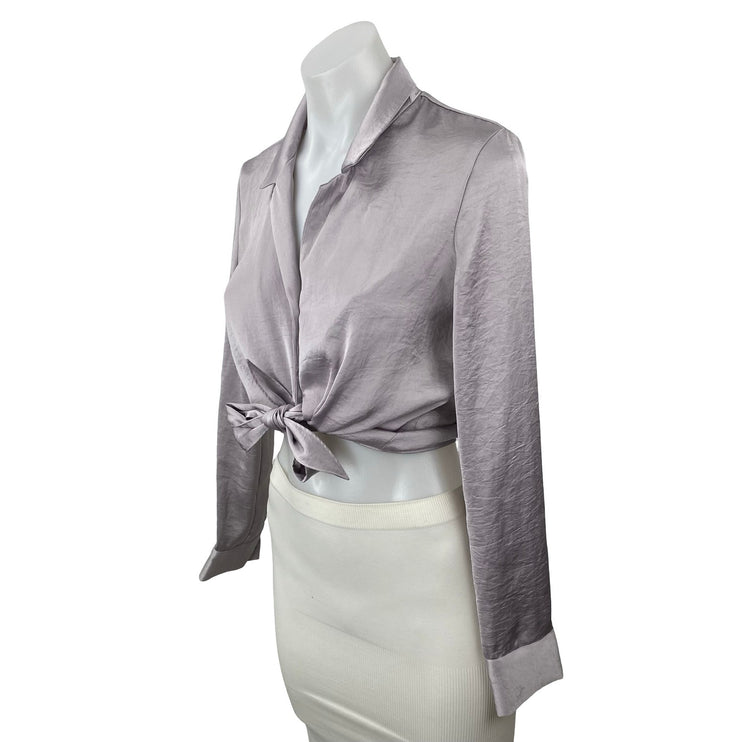 Aritzia Wilfred Purple Lilac Silk Satin Long Sleeve Crop Tie Button Up Shirt XS