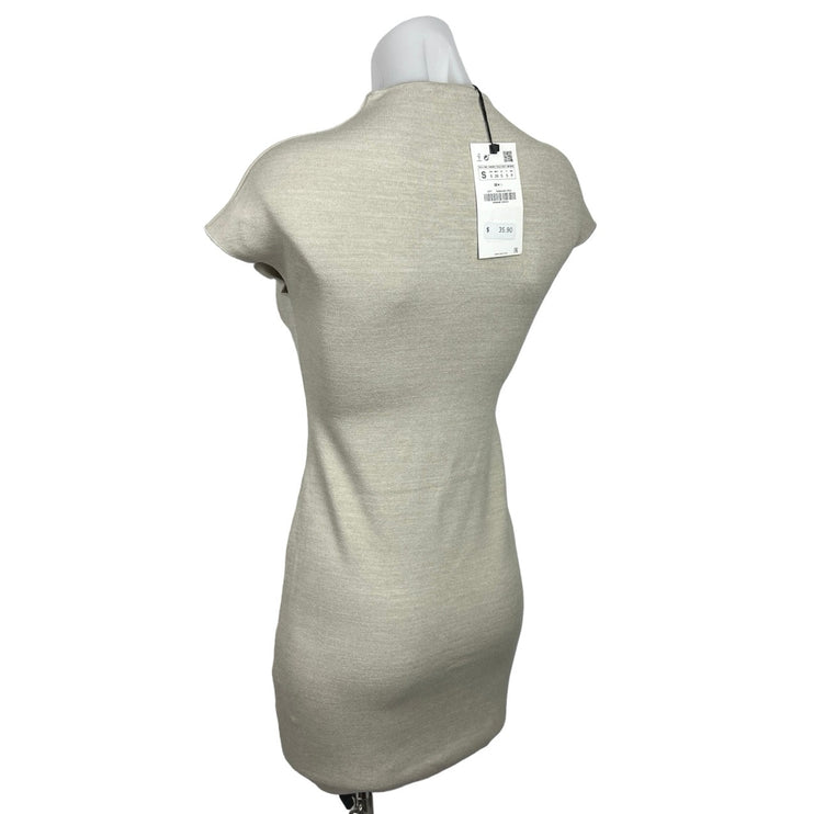 Zara NWT Cream Mock Neck Short Cap Sleeve Fitted Bodycon Mini Dress Size S