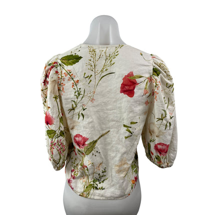 H&M Womens Linen Multicolor Floral Balloon Sleeve Button Down Shirt Blouse Top S