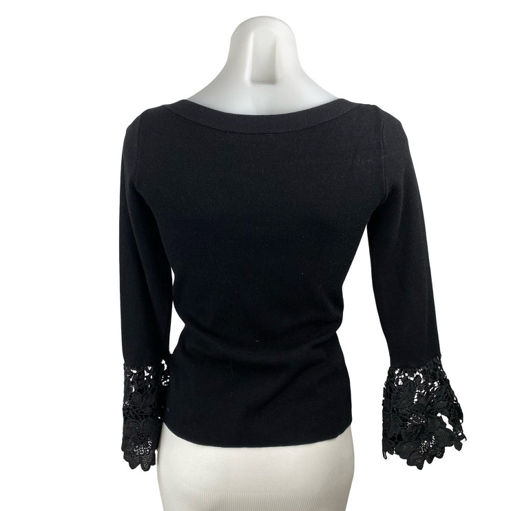 INC International Concepts Black Long Bell Sleeve Floral Lace Blouse Top Size XS