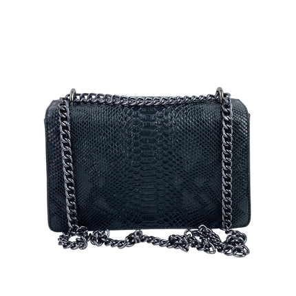 Myhozee Black Faux Leather Chain Strap Snakeskin Horseshoe Shoulder Bag Handbag