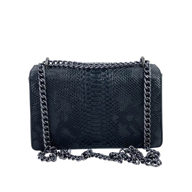 Myhozee Black Faux Leather Chain Strap Snakeskin Horseshoe Shoulder Bag Handbag