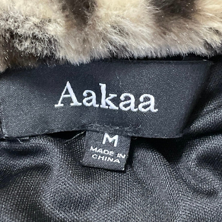 Aakaa Women's Brown Black Long Sleeves Leopard Print Faux Fur Coat Jacket Size M